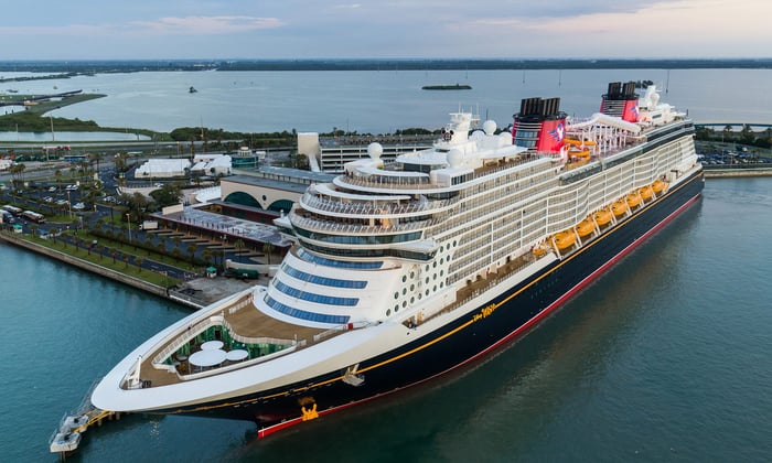 A Disney cruise ship docked at a port.