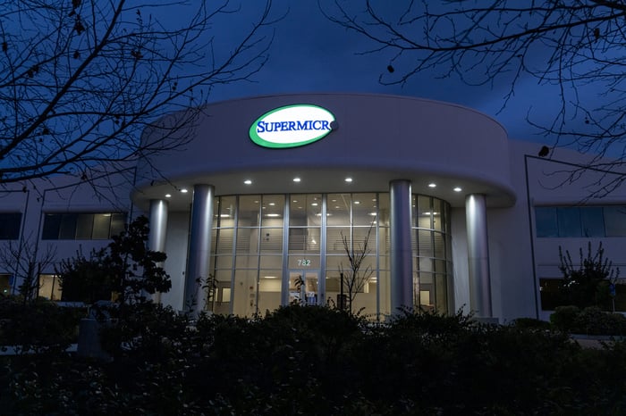 The Super Micro Computer headquarters is pictured at night.