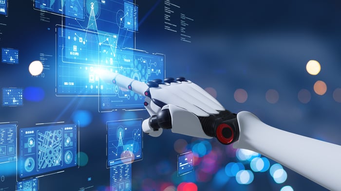 Image of an AI robot touching a screen.