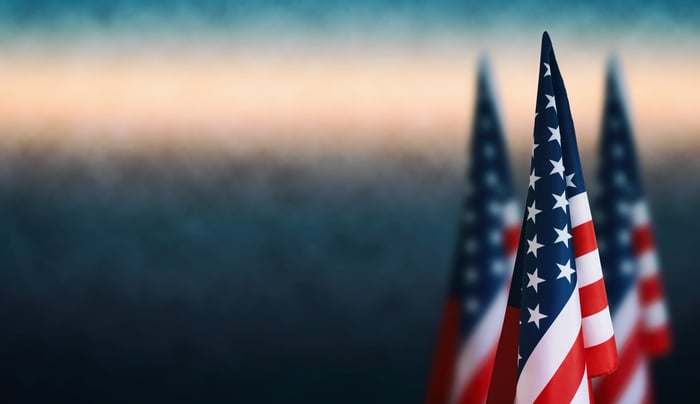 A trio of American flags.