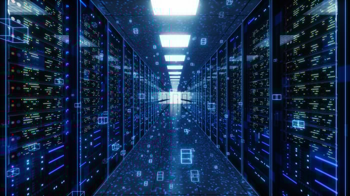 Interior of a data center. 