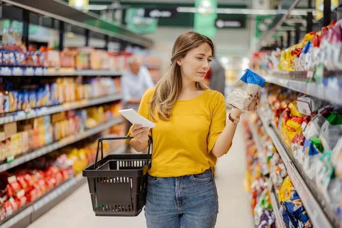 A shopper examining an item in a store.