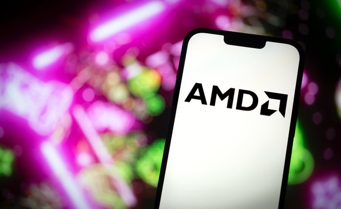 The AMD logo displayed on a phone.