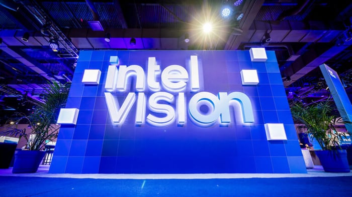 A sign at an event that says "Intel Vision."