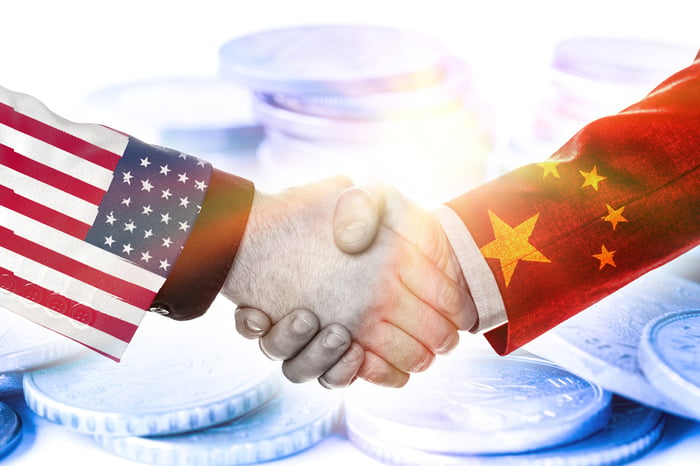 Two arms, one wearing a U.S. flag sleeve and the other wearing a Chinese flag sleeve, shake hands.