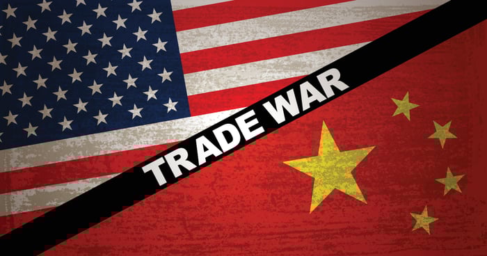 U.S. and Chinese flags separated by a line reading "Trade War."