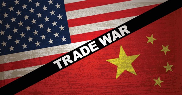 U.S. and Chinese flags separated by a line reading "Trade War."