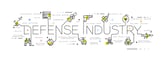 Infographic flow chart of the defense industry with icons representing rockets, helicopters, fighter jets and other hardware
