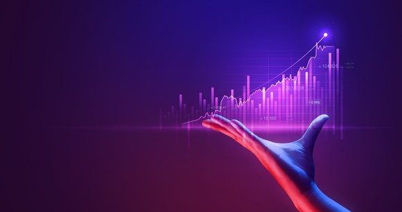 A person holding an ascending bar chart.