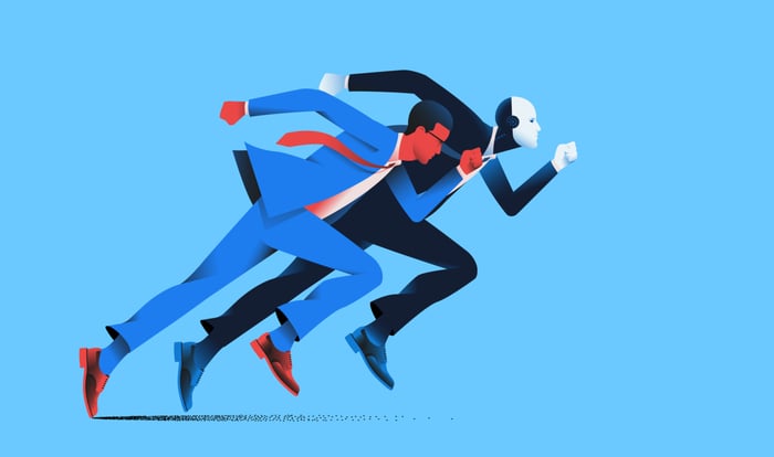Illustration of a human running against a robot.