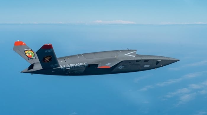 An XQ-58 Valkyrie is flying. 