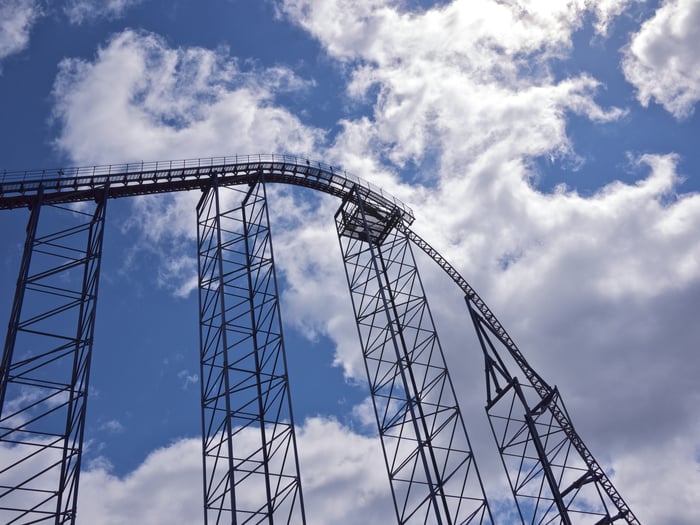 A roller coaster at its peak.