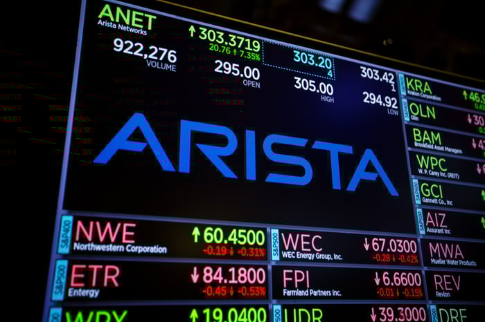 Arista logo on a stock market ticker board display.