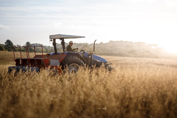 Tractor in a wheat field. 