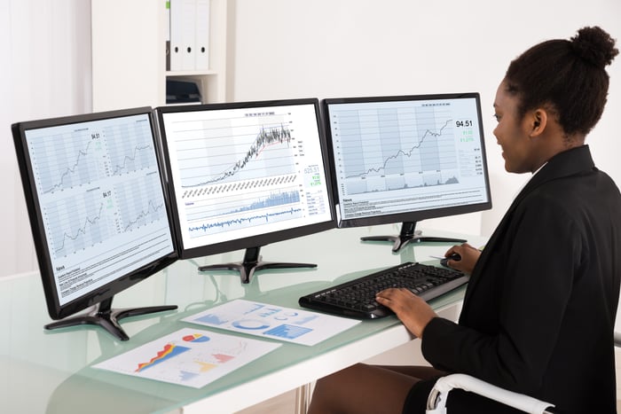 An investor sits in front of three screens and two printouts displaying stock price data.