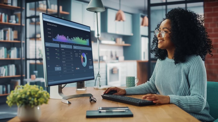 Professional smiling while studying stock charts on desktop screen.