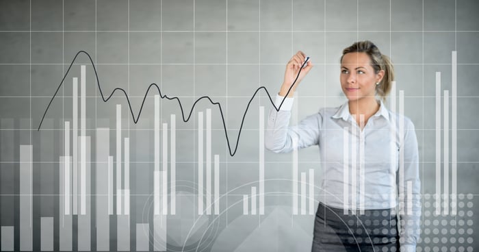 A person in business attire draws a trend line atop a digital display of a bar graph.