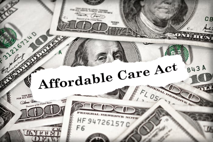 A piece of paper labeled Affordable Care Act among a pile of $100 bills.