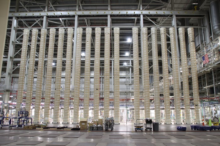 A ground floor view of Centrus Energy's HALEU demonstration cascade. 