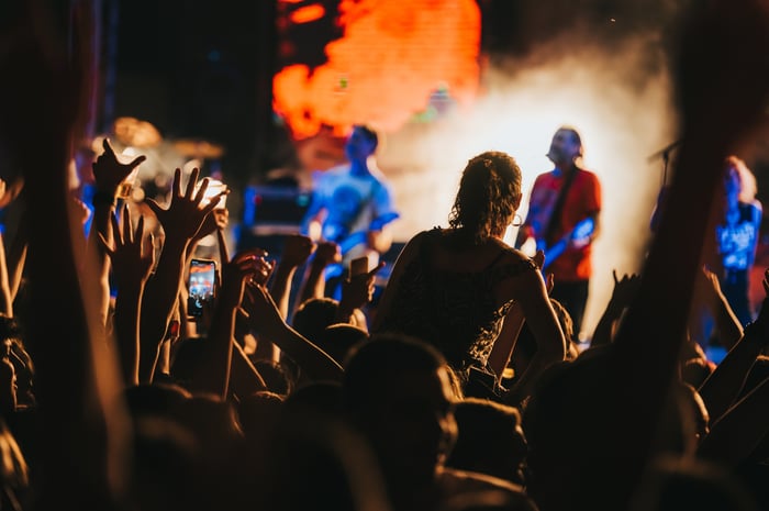 Audience watching a band playing onstage.
