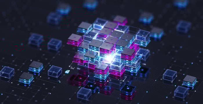 A digital visualization of a blockchain. It's glowing stacked cubes. 