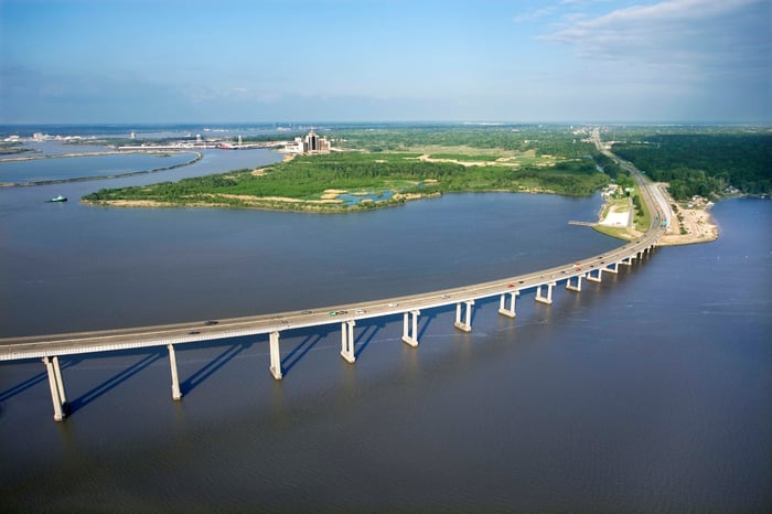 A bridge across an inlet of water.