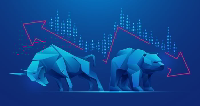 An image of a bull and a bear, illustrating the possibility of a stock going up or down.