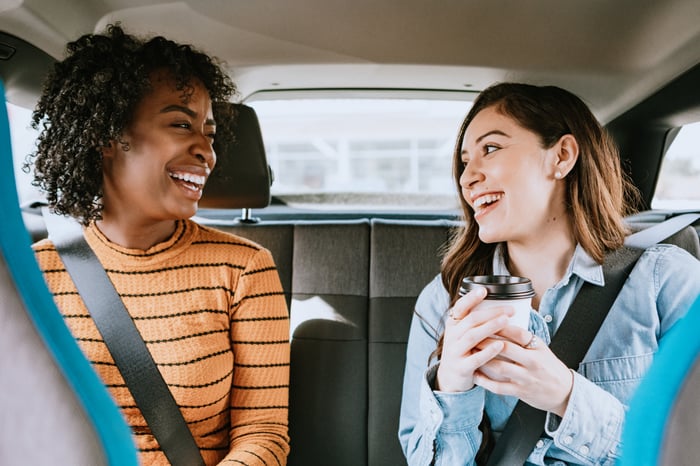 Two people in a car.