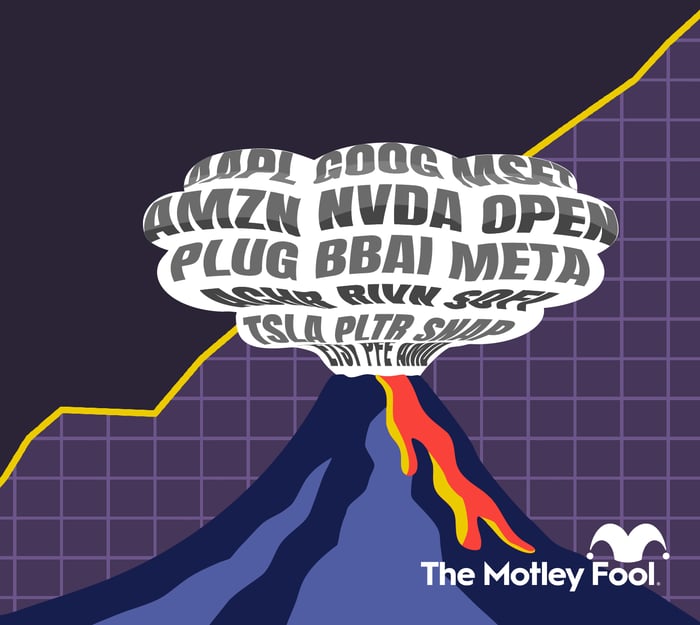 Volcano with cloud filled with tickers, in front of a graph.