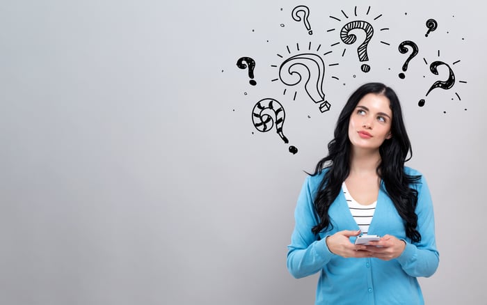 Question marks over a person's head while holding smartphone.