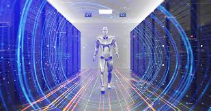 A humanoid robot walking among servers.