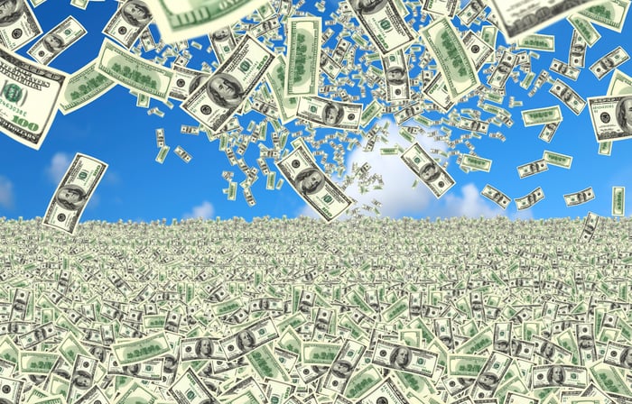 $100 bills falling from the sky into a field of money.