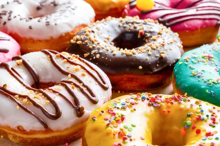An array of donuts.