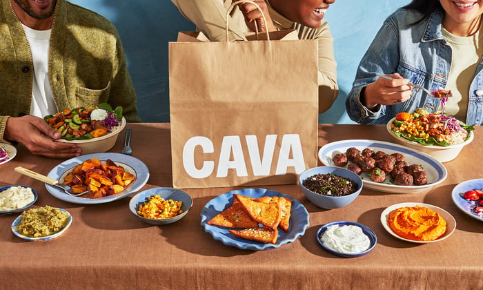 People eating food from Cava together.