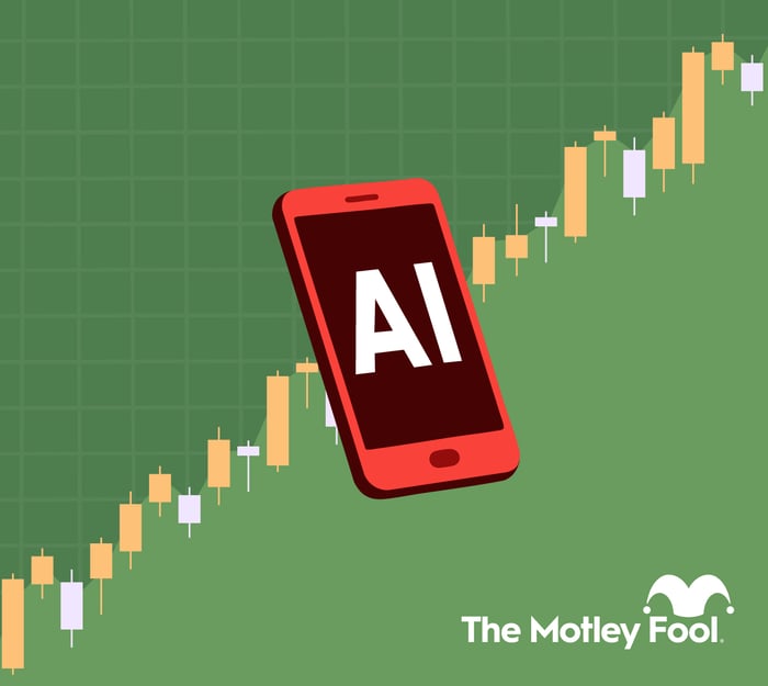 Mobile device displaying letters AI on a green chart with upward-sloping bars.