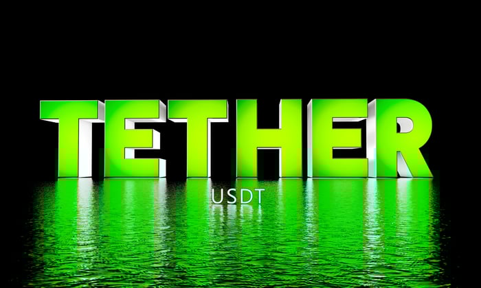 A large green sign of the word Tether. 