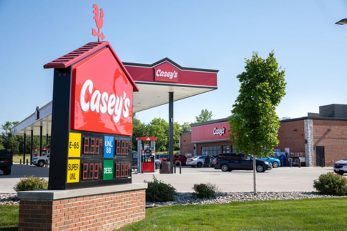 A Casey's General Stores location showing gas pumping area and front of store.