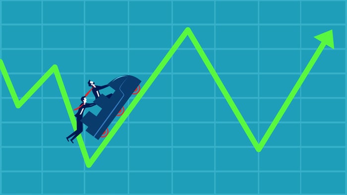 Two stylized people in a vehicle riding a steep up-and-down stock chart.