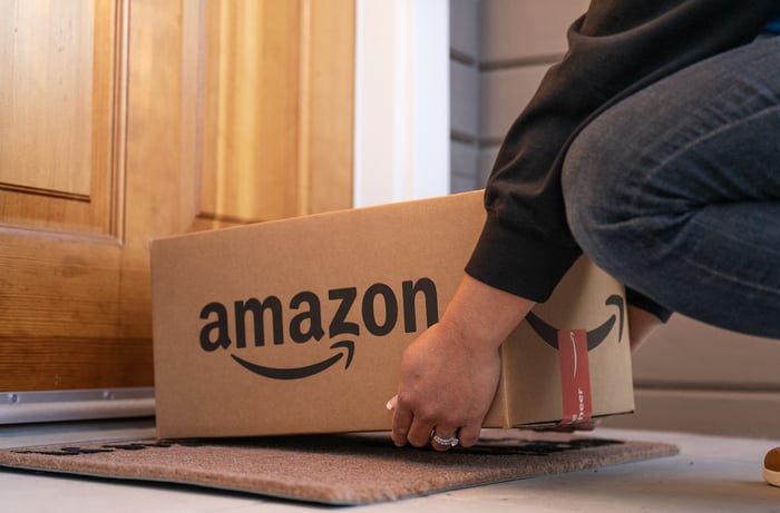 Amazon logo on a box.