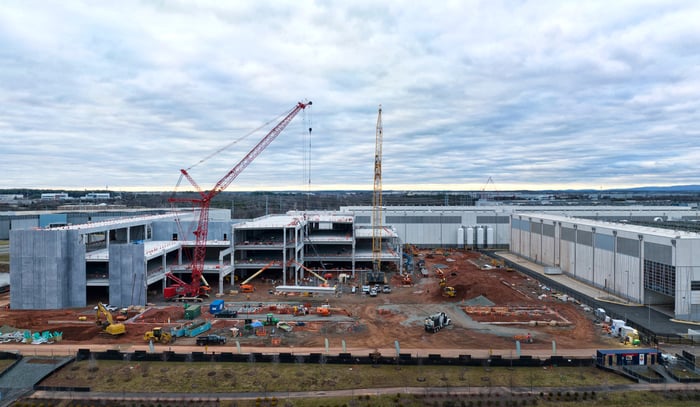 Earth-moving and construction equipment are being used to construct a data center.