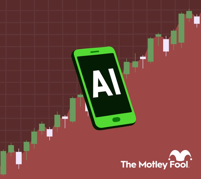Green smartphone with letters AI on the screen, in front of a red stock chart.