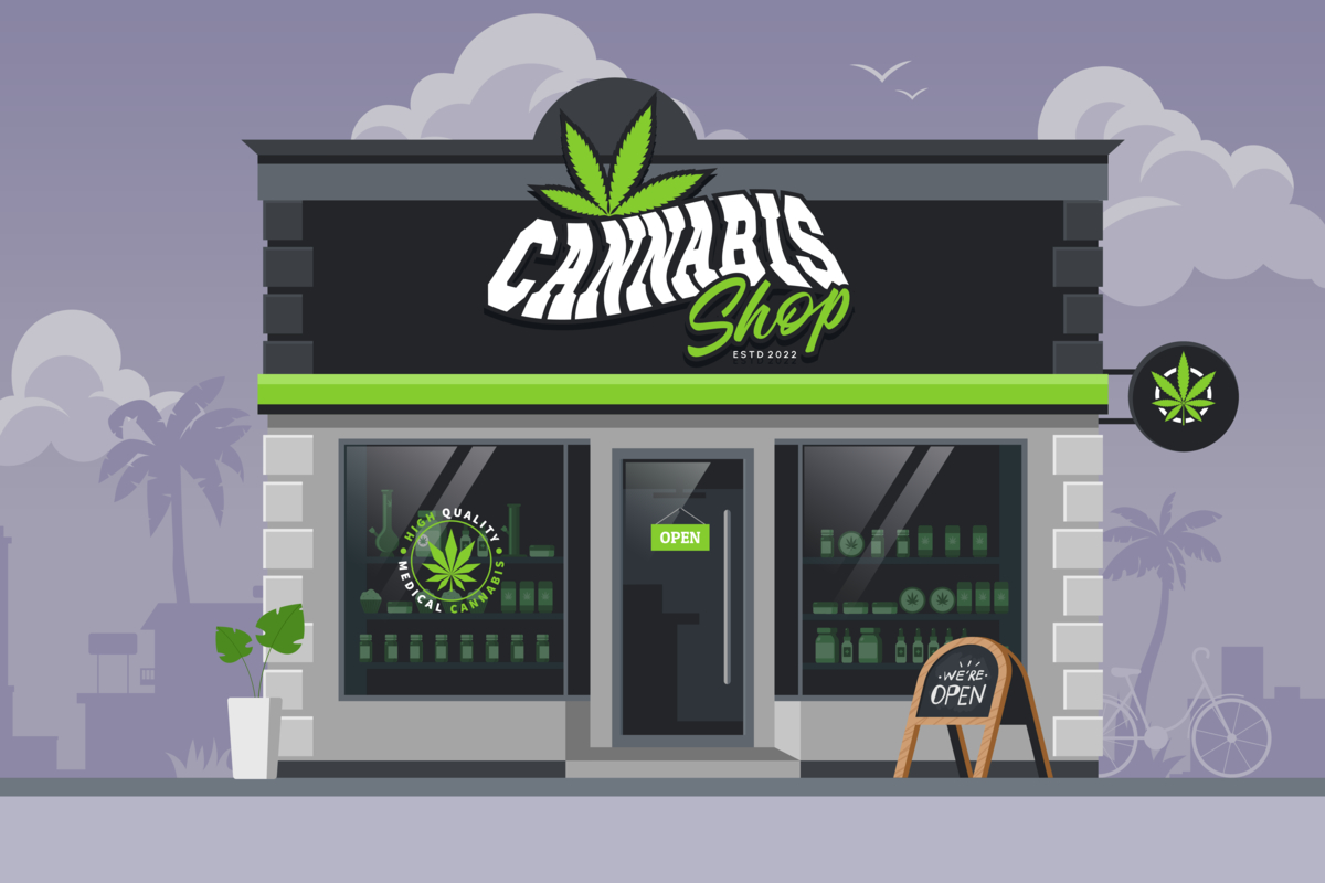 Marijuana store with We're Open sign out front.