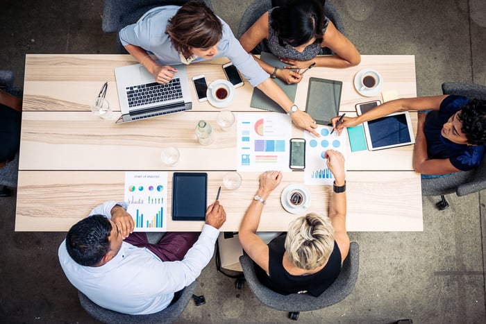 Five investors sit around a table and point to an infographic at the center of the table while reaching over their computers and tablets.