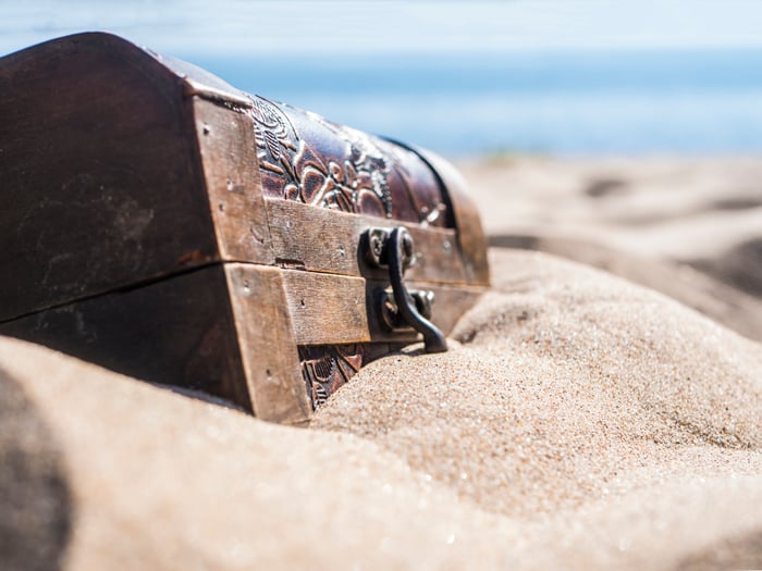 A wooden chest buried in piles of sand.