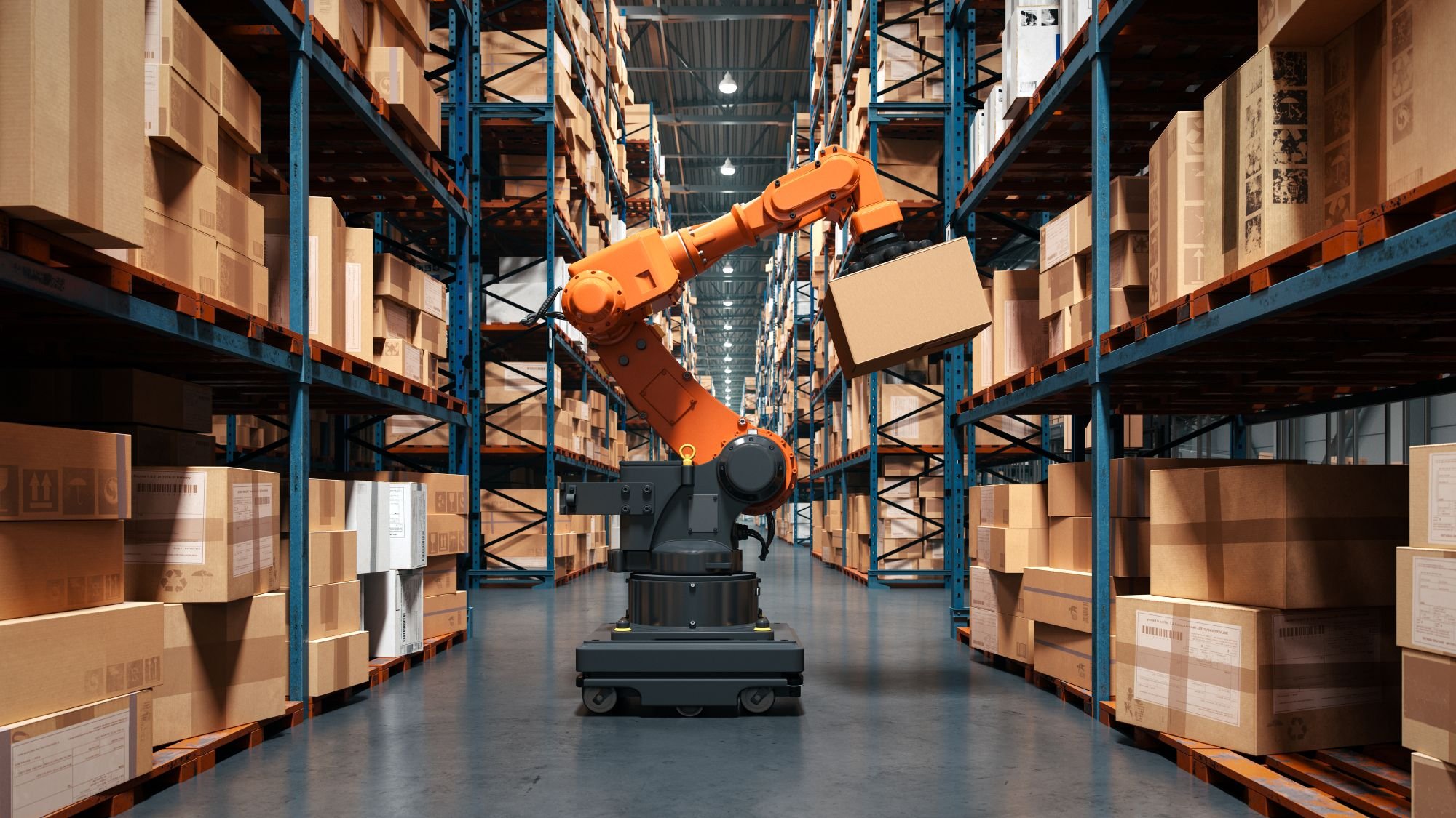 A robot working in a warehouse and moving large packages.
