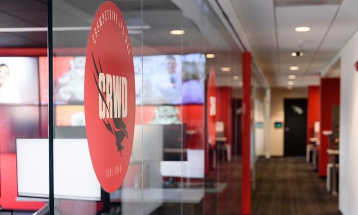 A CrowdStrike office with the company logo clearly visible.