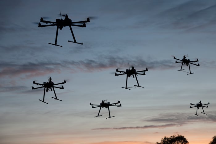 Hexacopter drones flying in the air.