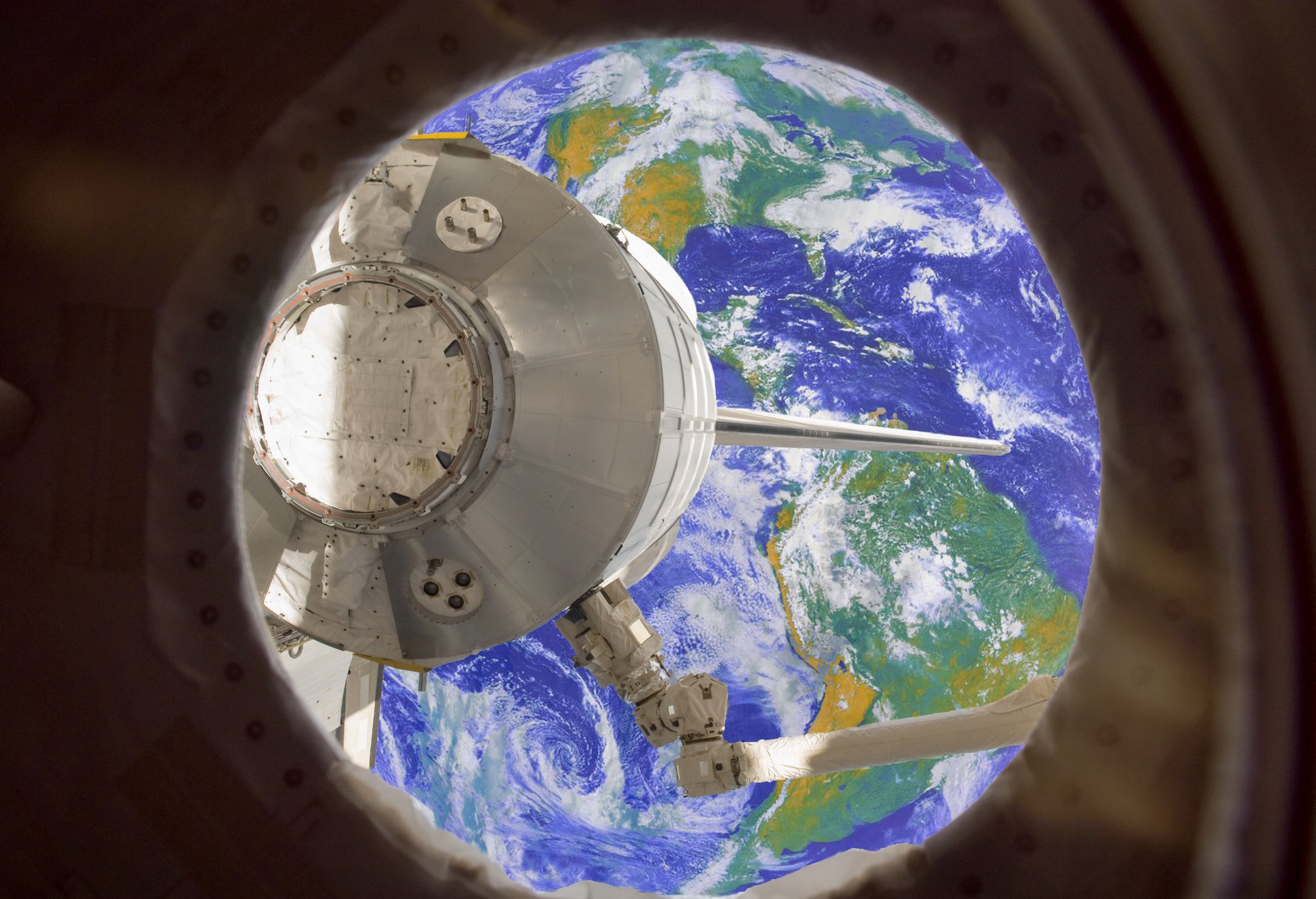 Space station and Earth viewed through an airlock