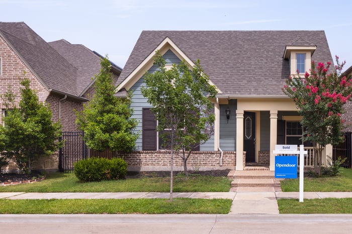 An Opendoor "For Sale" sign in front of a house.