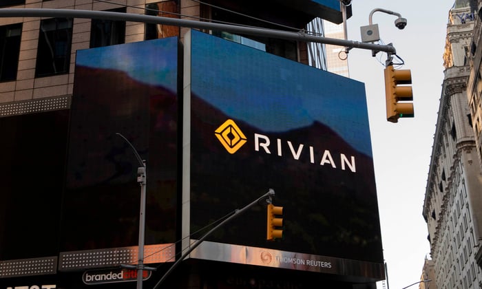Rivian's logo on a billboard.